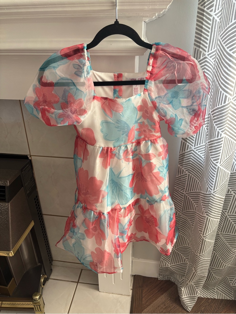 Girls' Floral Puff-Sleeve Tiered Dress in Coral & Aqua